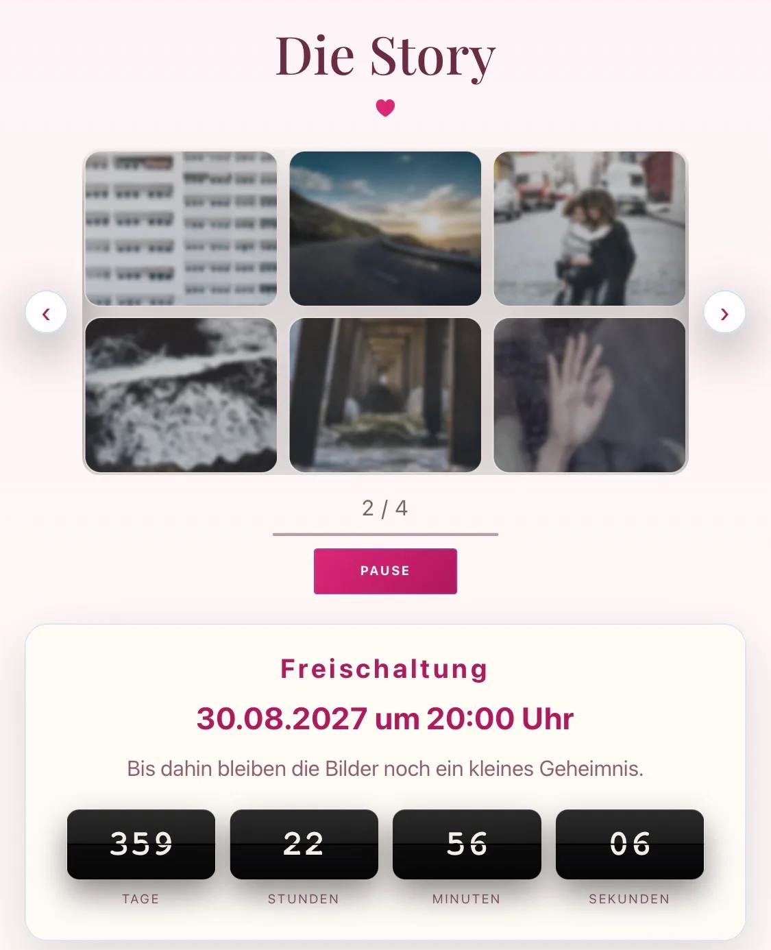 Bereich Die Story mit Countdown bis zur Freischaltung