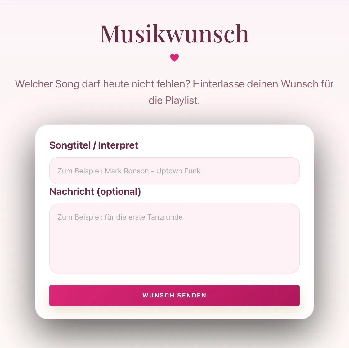 Formular für Musikwünsche mit Feldern für Titel und Interpret