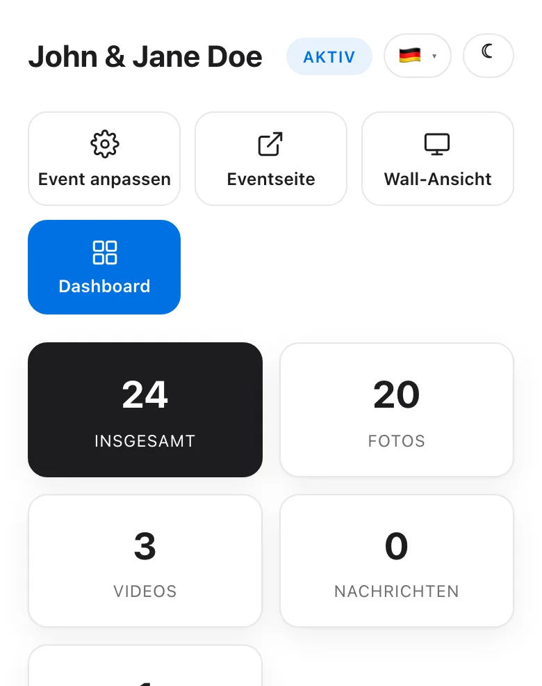 Organisator-Dashboard mit Zählern für Fotos, Videos und Nachrichten sowie einer Vorschau der Uploads