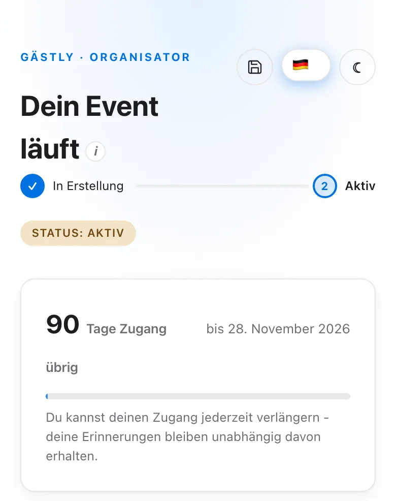 Organisator-Ansicht: Event läuft, verbleibende Zugangszeit und Schnellzugriffe